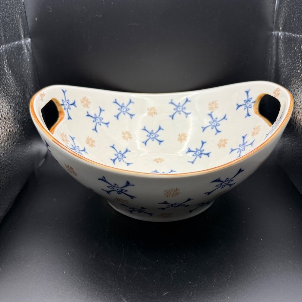 Temp-Tations Oval Ceramic Serving Bowl Handles Blue Gold Atomic Floral Pattern